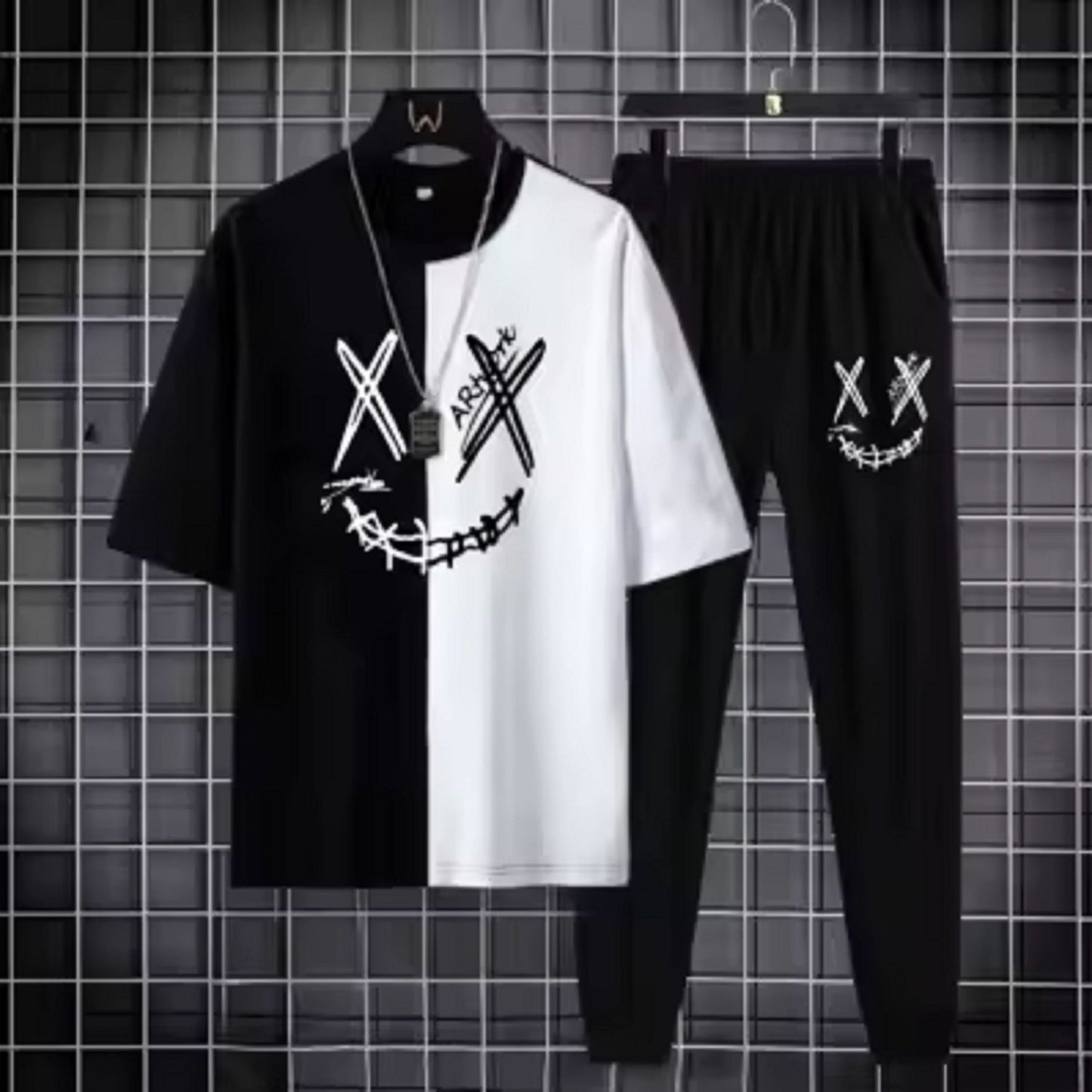 aBlack and White Smiley Printed Tracksuit