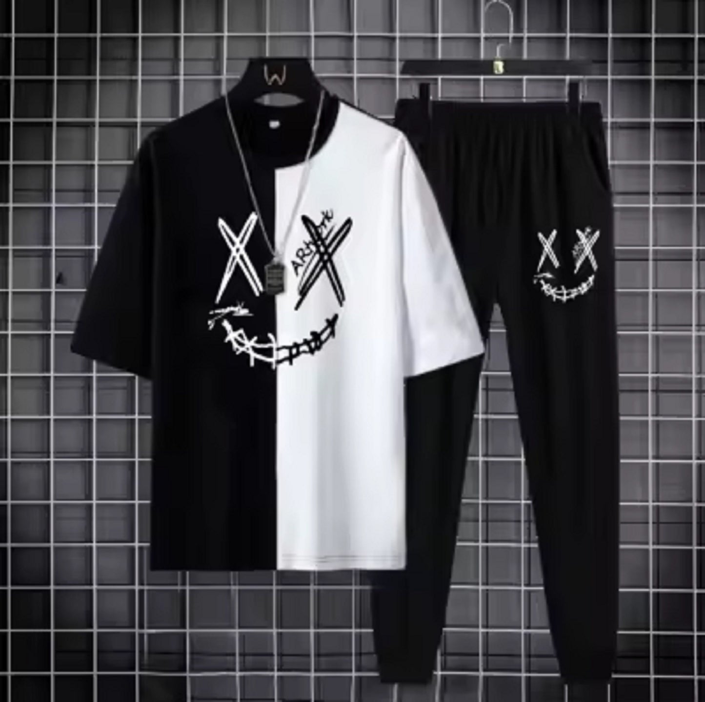 aBlack and White Smiley Printed Tracksuit