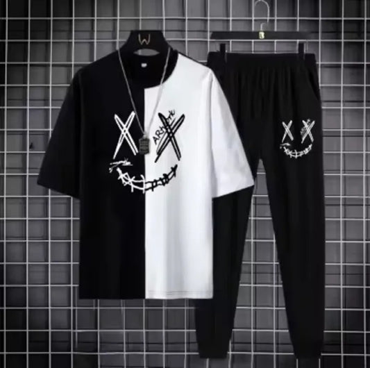 aBlack and White Smiley Printed Tracksuit