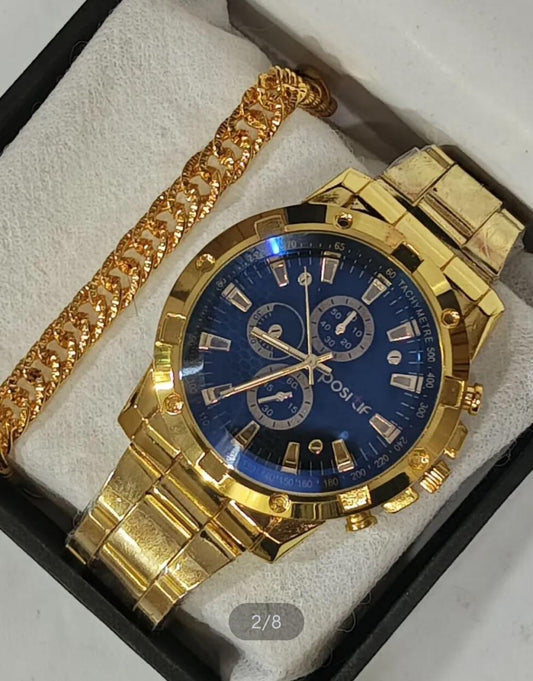 New Fashion Sun Moon Star Diamond Men's Quartz Watch+Braclete -Mens Steel Band Watch
